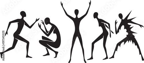 Ancient tribal dance silhouette figures in dynamic movement and celebration