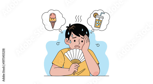 Illustration of a man sweating and feeling the heat from a hot sun while thinking of eating ice cream or drinking a cold iced beverage.