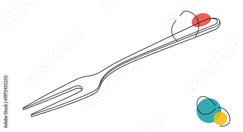 Simple black and white line drawing of a long two pronged fork with decorative red, blue, and yellow dots and abstract shapes.