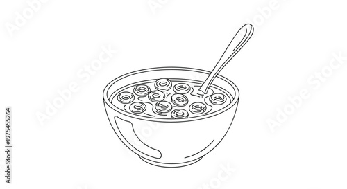 Simple line drawing of a full bowl of ring shaped cereal in milk with a spoon sticking out for a healthy breakfast meal concept.