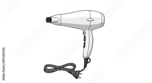 Modern white and grey professional hair dryer with a black nozzle and power cord shown in a detailed vector illustration style.