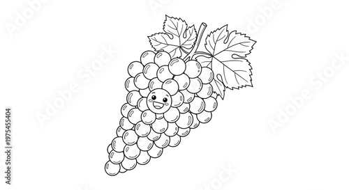 Hand drawn cartoon grape cluster with cute smiley face and vine leaves for coloring or food related graphic designs.