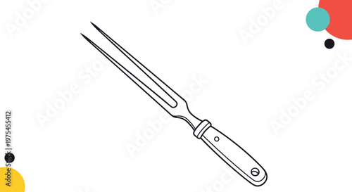 Kitchen meat fork or carving tool icon illustration on a white background with decorative colorful geometric shapes.