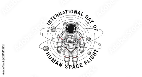 Monochromatic vector illustration commemorating International Day of Human Space Flight, featuring an astronaut in a spacesuit surrounded by orbiting planets and celestial rings