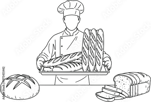 A professional baker presenting a fresh tray of golden baguettes in a simple black and white line