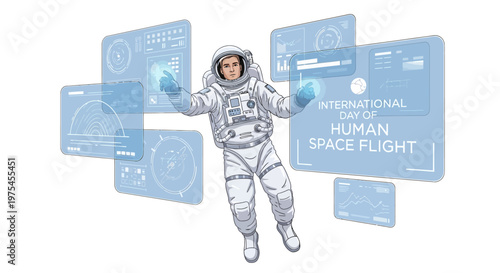 A detailed vector illustration commemorates the International Day of Human Space Flight, depicting an astronaut floating in zero gravity surrounded by futuristic, transparent screens