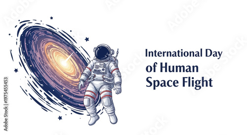 A cartoon astronaut floats in space with a swirling galaxy behind him to celebrate the International Day of Human Space Flight, rendered as a vibrant vector illustration against a clean
