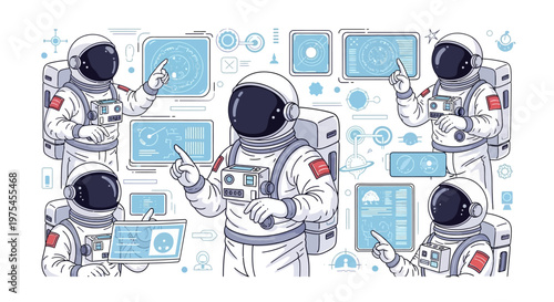To observe International Day of Human Space Flight, an illustration showcases several astronauts in spacesuits interacting with holographic displays, set against a clean white background