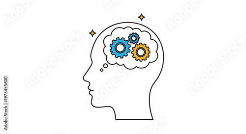 Human head profile illustration with blue and orange gears inside a thought bubble representing brain and logic.