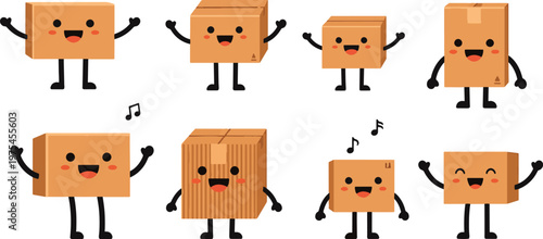 Cute animated cardboard boxes with faces and arms in a playful arrangement