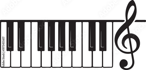 Piano keyboard, treble clef, music notes, black and white vector illustration, musical instrument, sheet music