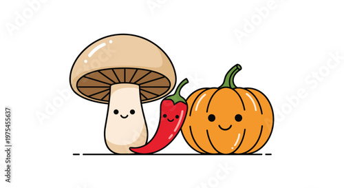Collection of cute cartoon vegetable characters including a mushroom chili pepper and pumpkin with happy faces.