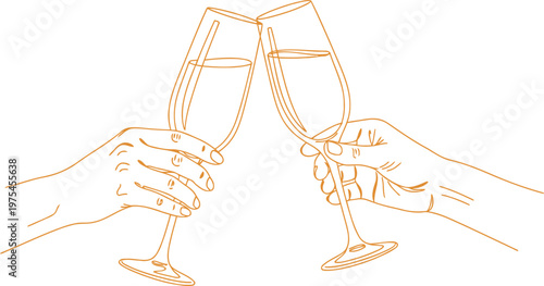 A minimalist black and white line drawing of two hands holding up champagne glasses for a toast.