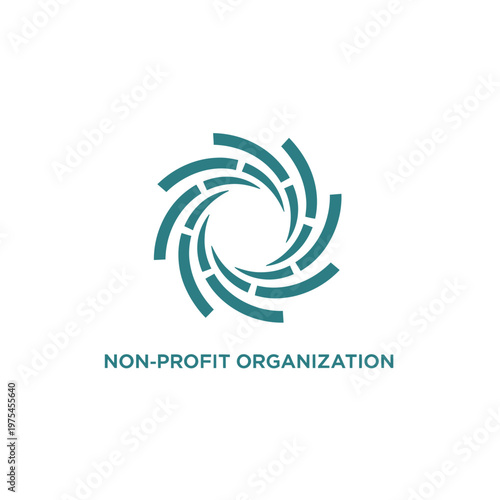 Abstract circular spiral logo for nonprofit organization with geometric shapes.