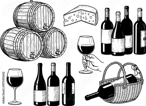 A collection of hand drawn sketch illustrations featuring wine barrels bottles and cheese slices.