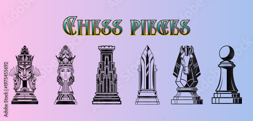 Elegant Art Deco Chess Pieces Set: King, Queen, Rook, Bishop, Knight, Pawn.