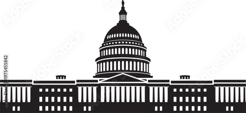 Silhouette of the United States Capitol Building with its iconic dome and columns, representing government, democracy, and American landmarks in a
