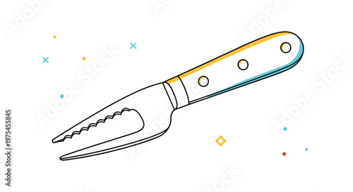 Kitchen utility fork or specialized cutting tool with a two pronged blade and wooden handle for food preparation.