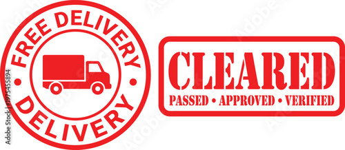 Free Delivery Circular Stamp with Delivery Truck Icon and Cleared Passed Approved Verified Rectangular Rubber Stamp Set Isolated on White Background