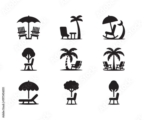 Summer leisure icons collection featuring deck chairs beach umbrellas and palm trees silhouette