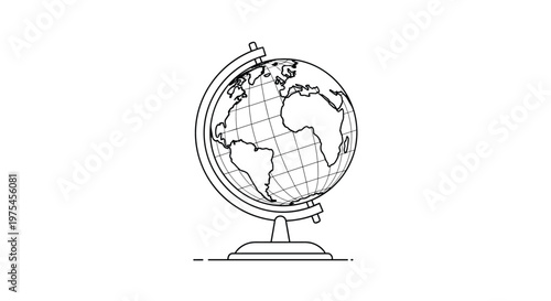 Detailed world globe on a stand outline illustration showing continents and latitude longitude lines for geography.