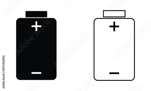 Vector Set of Vertical Black and Outline Battery Icons with Plus and Minus Polarity Symbols Representing Electrical Energy Power and Charging Connection.