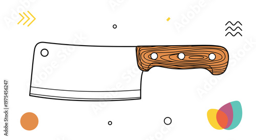Sturdy metal meat cleaver with a classic wooden handle shown as a flat vector icon with colorful abstract background elements.
