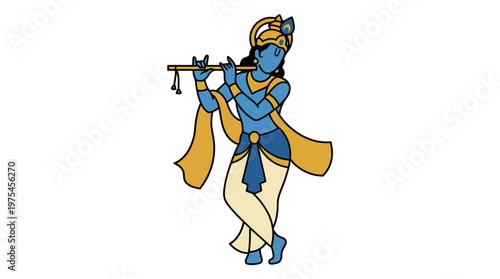 A blue-skinned man plays a flute in traditional Indian attire indoors.