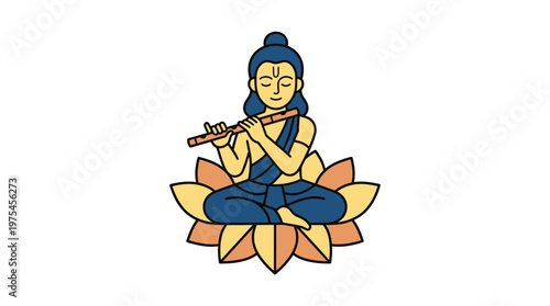 Buddha sits cross-legged on a lotus flower playing a flute serenely outdoors.