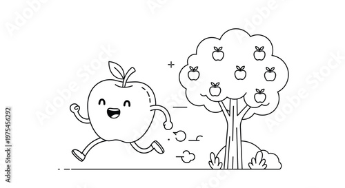 Cute cartoon character apple with a happy face running away from its apple tree in a simple black and white line drawing.