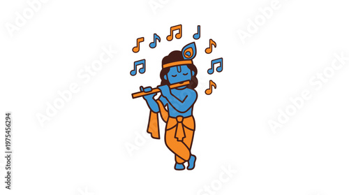 A blue-skinned man playing a flute surrounded by musical notes