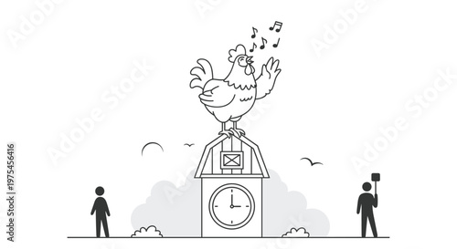 Cheerful rooster perched atop a barn clock tower singing out to wake the farm as two figures stand in the distance.