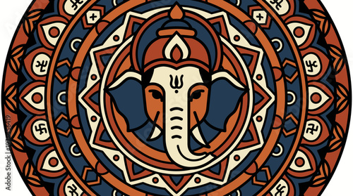 Vibrant illustration of Ganesha's head in an intricate mandala pattern