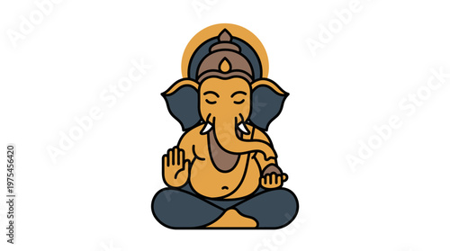 A serene illustration of Ganesha meditating peacefully indoors with calm emotions.