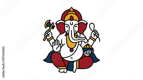 The elephant-headed deity Ganesha sits cross-legged with four objects.