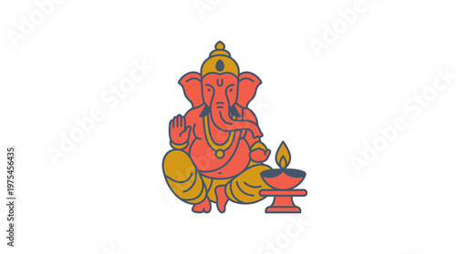 A serene illustration of Ganesha sitting with a lit lamp