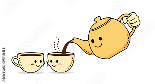 Friendly cartoon teapot with a smiling face pouring hot tea into two happy little cups in a charming and warm illustration.