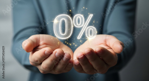 Financial Offering: Two hands present a luminous symbol of zero percent interest, symbolizing opportunities and financial offers. The person, a symbol of providing service.