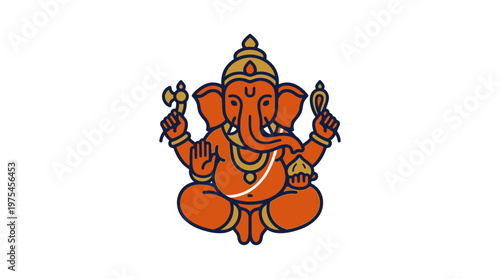 The illustration depicts Ganesha sitting outdoors with hands up.