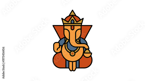 The illustration depicts Lord Ganesha sitting serenely outdoors in daytime.