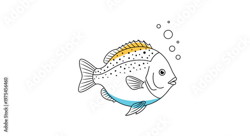 Tropical spotted fish swimming peacefully through water with air bubbles rising toward the surface in a stylized drawing.
