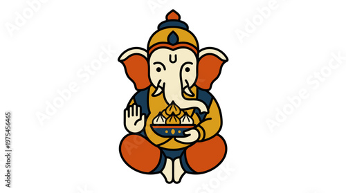 The Hindu deity Ganesha sits cross-legged with offerings in his hands