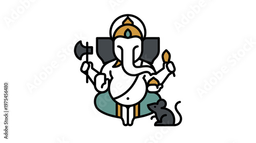 The cartoon illustration depicts Ganesha sitting with a mouse.