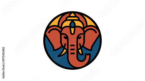 The Ganesh statue sits on a blue and yellow circular background with orange trunk and ears.