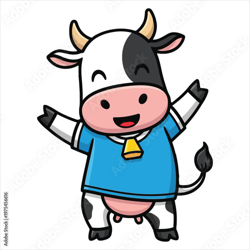 Cute cartoon cow standing and waving hand wearing blue shirt and bell collar isolated on white background for children illustrations and mascots
