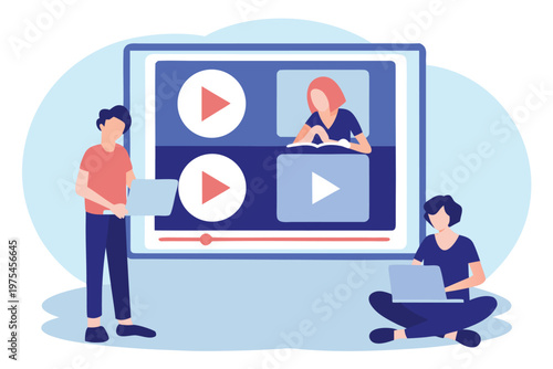 Students engaging with online learning through a large screen display