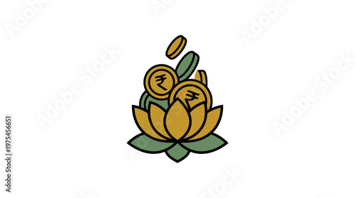 A stylized illustration of a lotus flower with falling coins.