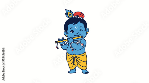 A small blue Krishna playing a flute in traditional Indian attire indoors.