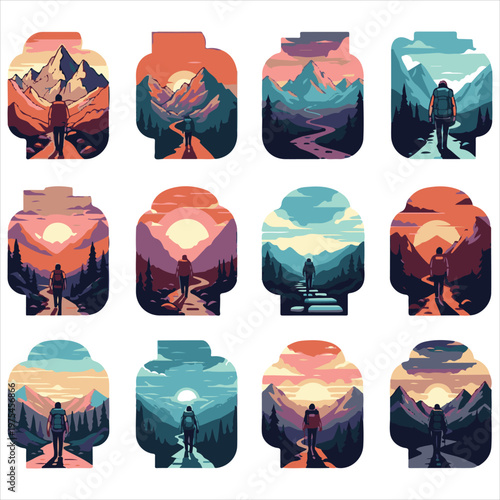 Adventurous hiker traveler vector collection with mountain landscapes and sunset scenes for outdoor lifestyle branding and travel agency marketing