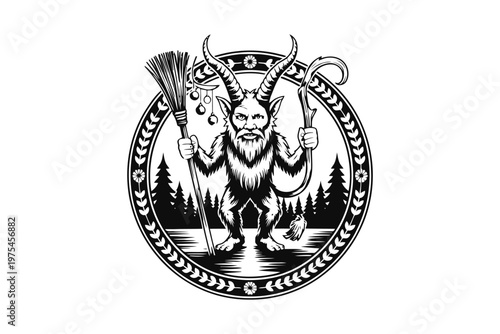 Black and white circular emblem featuring a mythical goat-like creature holding a staff and broom